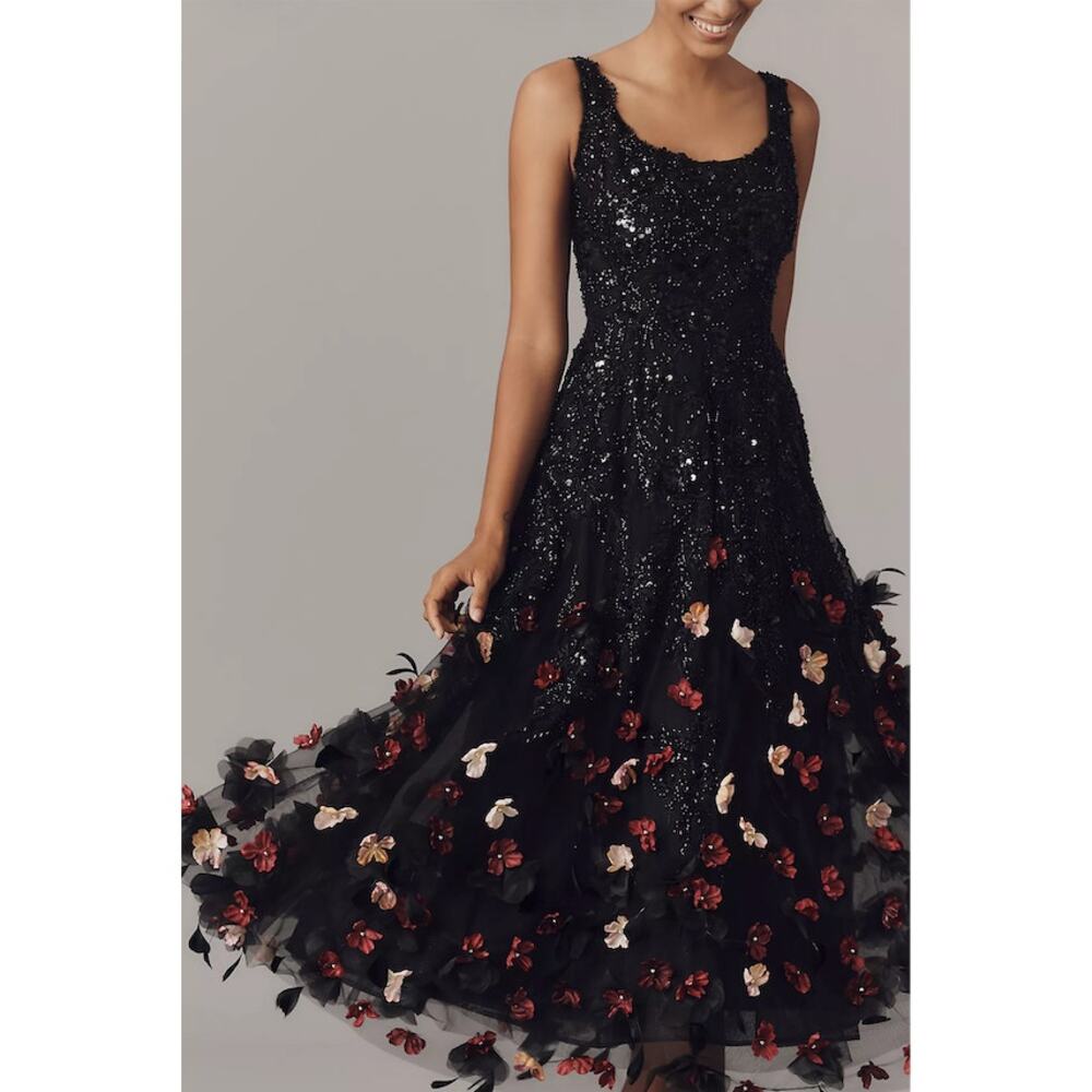 NEW Mag Duggal Sequin Floral Appliqué 3D FlowersBlack Midi Dress Size 10 - Picture 13 of 15